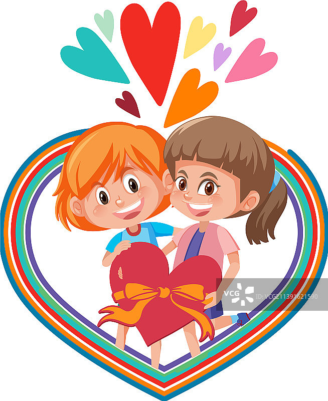 两个孩子卡通彩虹心形图片素材