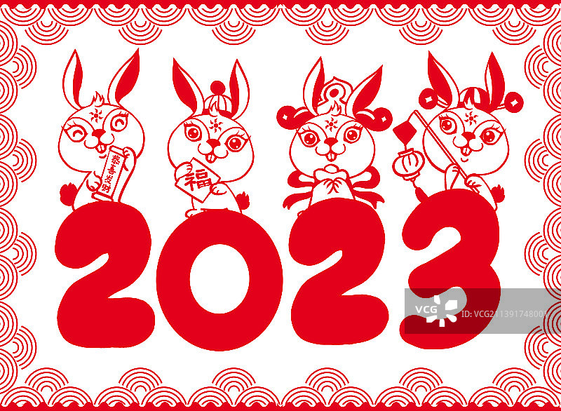 兔年春节剪纸风 扁平庆祝可爱插画2023年图片素材