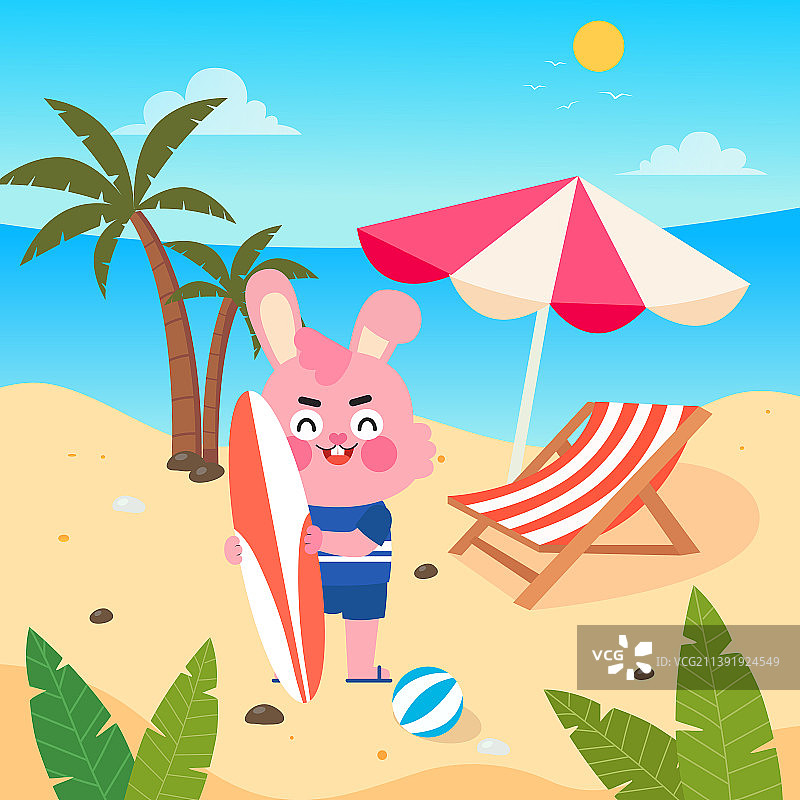 夏天海边度假的可爱兔子矢量插画图片素材