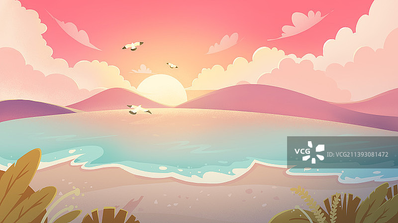 夕阳浪漫海边插画背景图图片素材