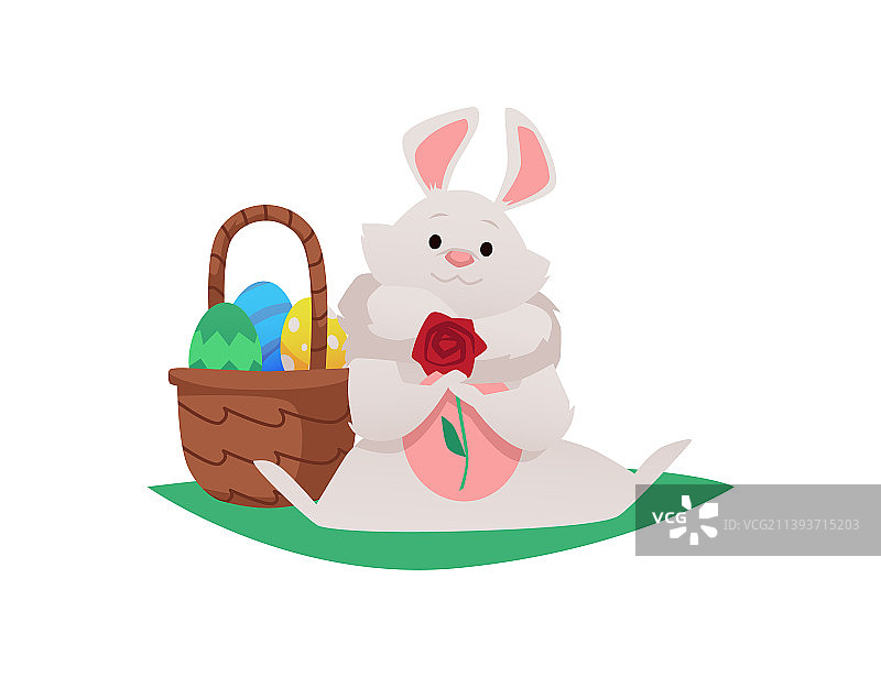 可爱的卡通兔子坐在它的爪子里，手里拿着花图片素材