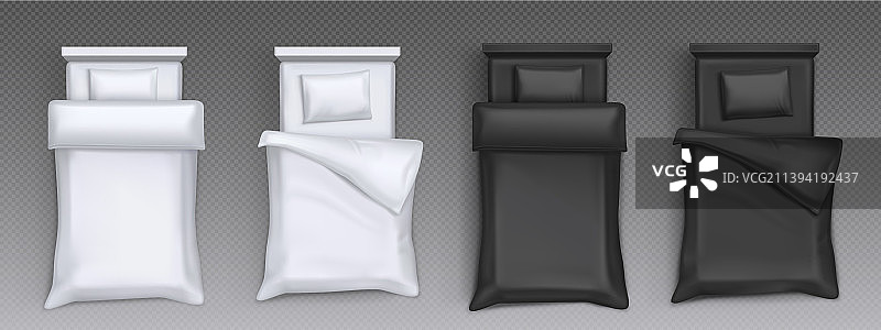 未整理的床上铺着白色和黑色的被褥图片素材
