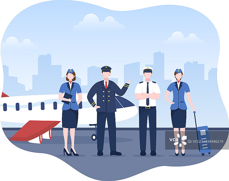 飞行员卡通与飞机空姐城市或图片素材