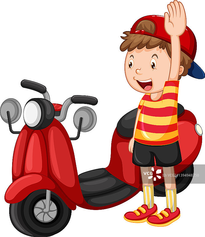 红色摩托车和一个卡通男孩图片素材