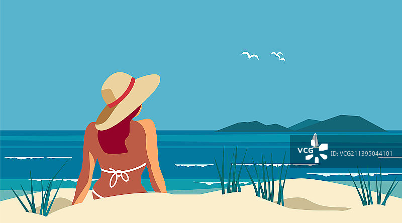 女性在海沙沙滩上休闲旅游海报图片素材