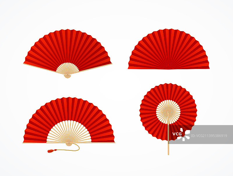 逼真详细的3d红色亚洲手风扇设置图片素材