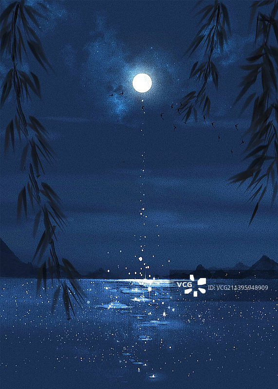 氛围感夜晚海上明月风景插画图片素材