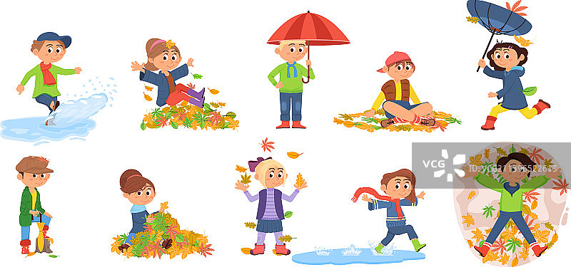 秋天的孩子们散步，孩子们玩树叶和图片素材