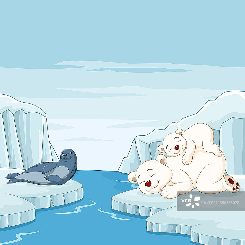 北极熊妈妈和宝宝和大海睡在一起图片素材