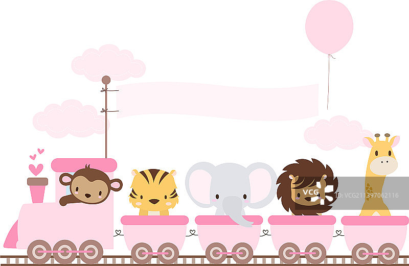 粉红色的火车和可爱的丛林动物图片素材