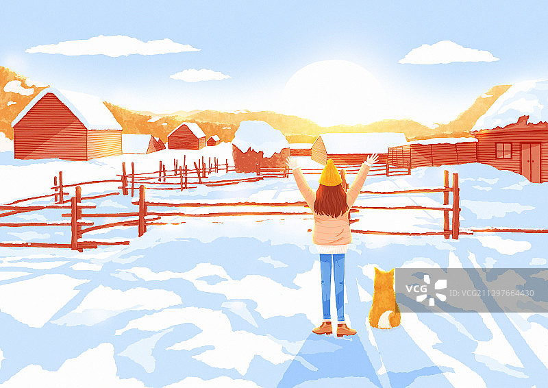 冬天清晨女孩站在雪地里迎接日出图片素材