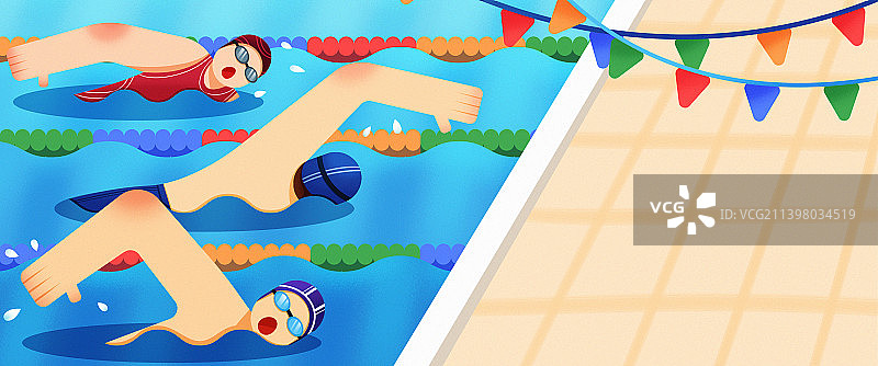 多人游泳室内泳池插画背景图片素材