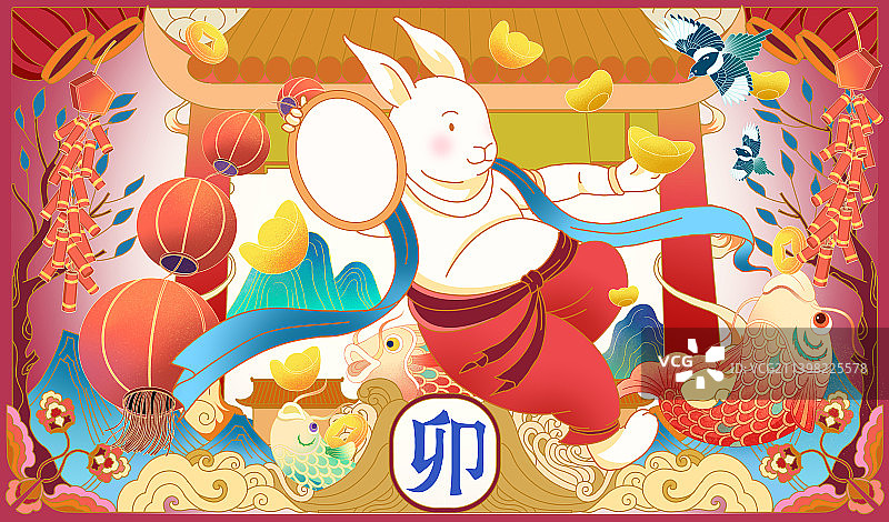 国潮风新中式2023年兔年可爱兔子新年新春春节过年宣传插画图片素材