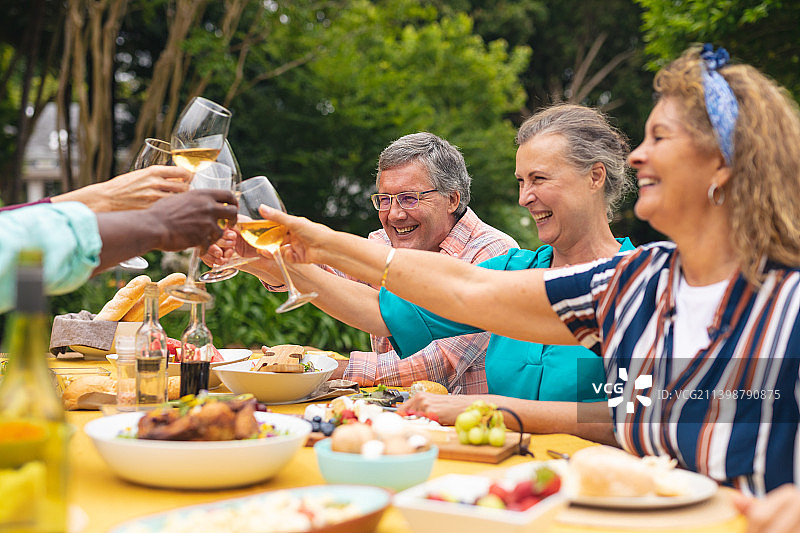 快乐的多种族老年男性和女性朋友在餐桌上敬酒在后院聚会图片素材