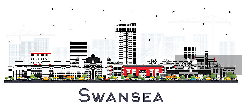 威尔士斯旺西的城市天际线与彩色建筑图片素材