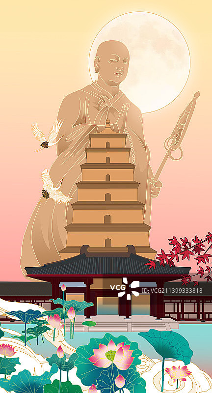 中国风新中式西安长安大雁塔玄奘唐僧雕像旅游宣传插画图片素材
