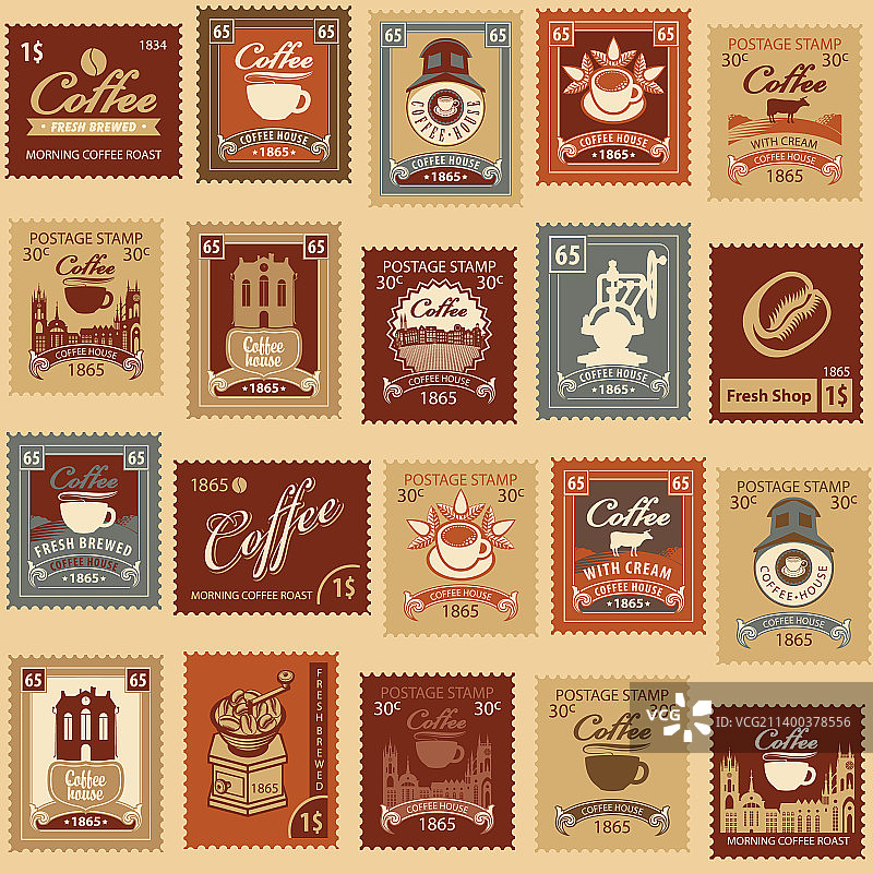 咖啡主题邮票的无缝图案图片素材