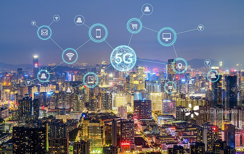 5G无线通信网络概念，深圳城市全景图片素材