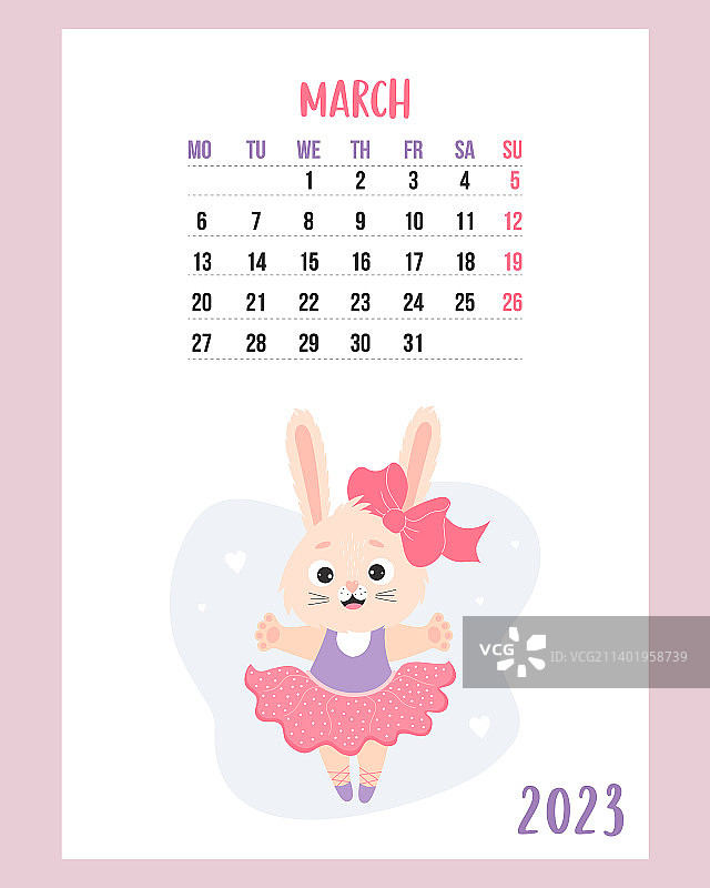 2023年3月日历可爱的兔女郎芭蕾舞者图片素材