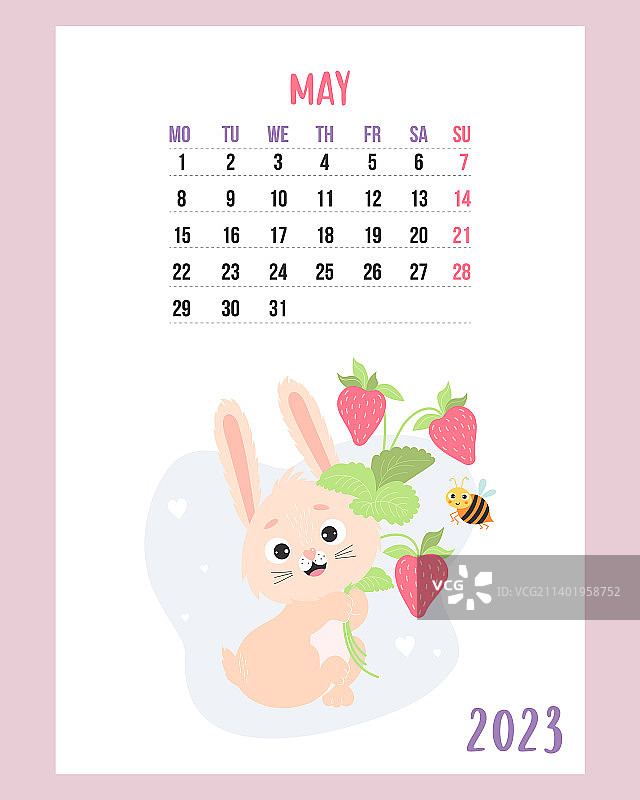 2023年5月日历上可爱的兔子配草莓图片素材