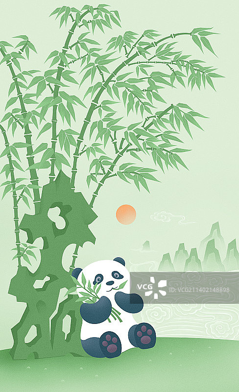 中国风新中式大熊猫在竹林下吃竹叶，可爱熊猫IP形象设计，地球日保护野生动物插画，国际珍稀动物保护日图片素材