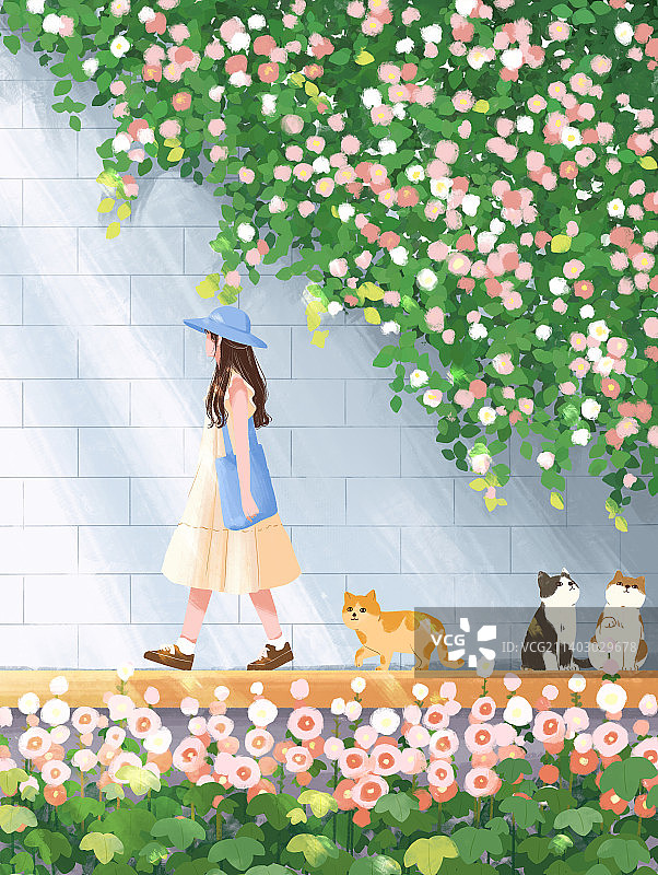 扁平插画一个女孩和猫走在满是花朵的小路上图片素材