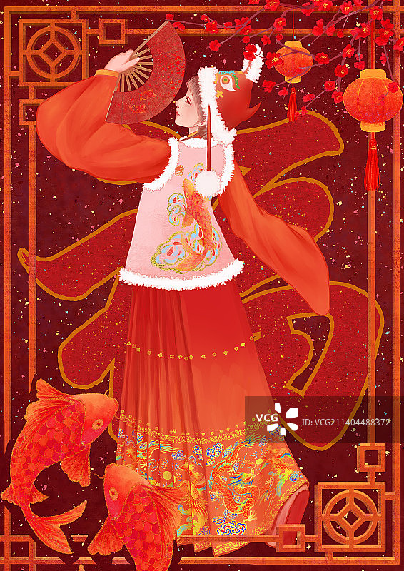 传统节日新年春节古风少女手拿扇子图片素材