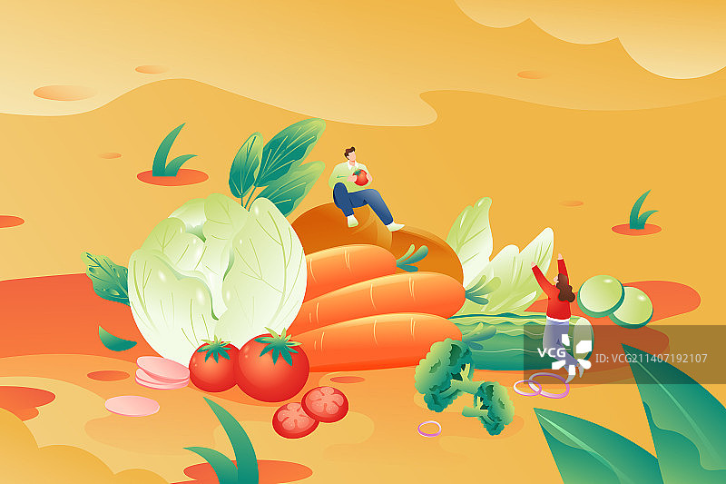 卡通美食餐饮送礼食品安全健康营养均衡水果沙拉蔬果商超烹饪健身餐低卡轻食感恩节蔬菜生活方式渐变矢量插画图片素材