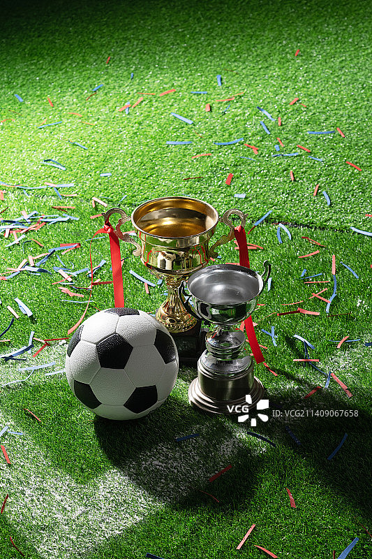 体育场上的足球和奖杯图片素材