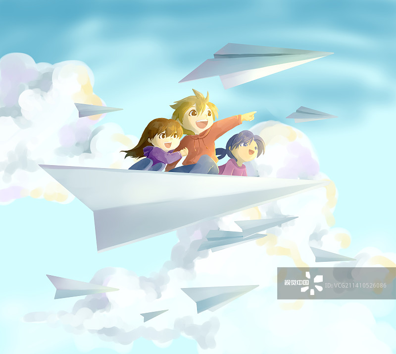 纸飞机上快乐孩子的插图图片素材