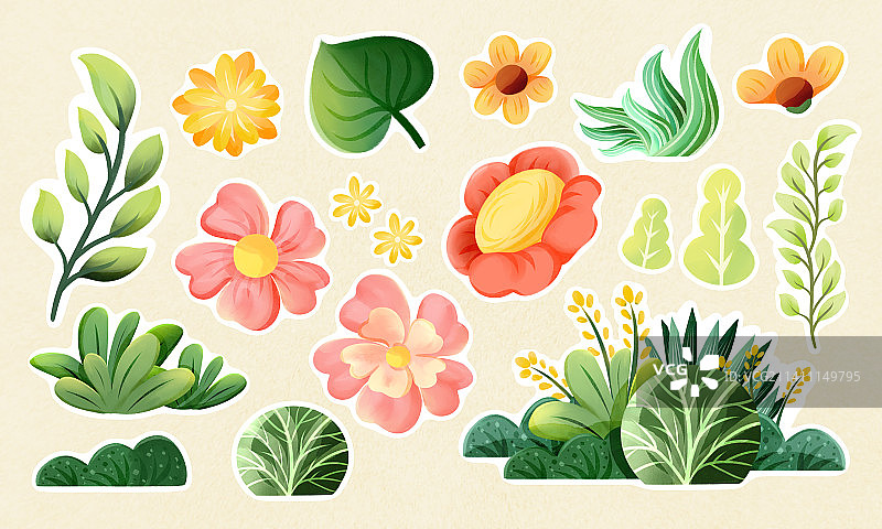 春季卡通扁平化可爱风格植物元素贴纸图片素材