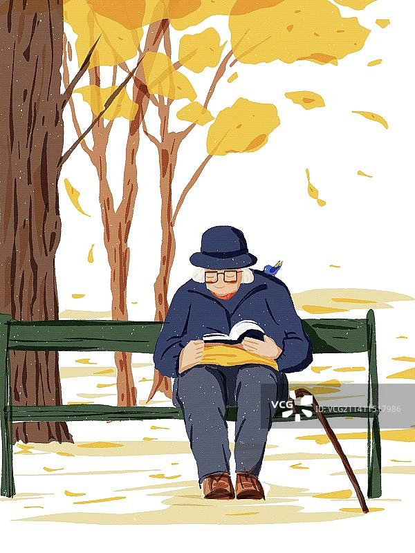 秋天坐在长椅上看书的老人图片素材