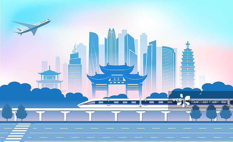 中国云南省昆明市城市旅游交通商务插画图片素材