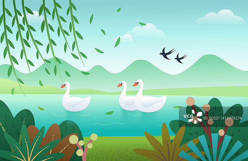 春天的湖面上有几只鸭子扁平风格插画图片素材
