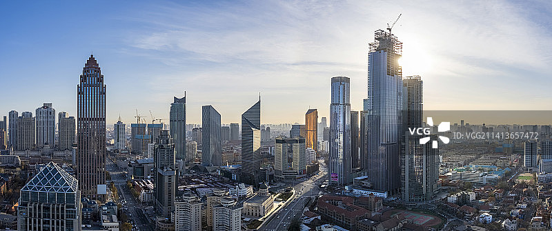 中国天津市区城市建筑日出风景航拍图片素材