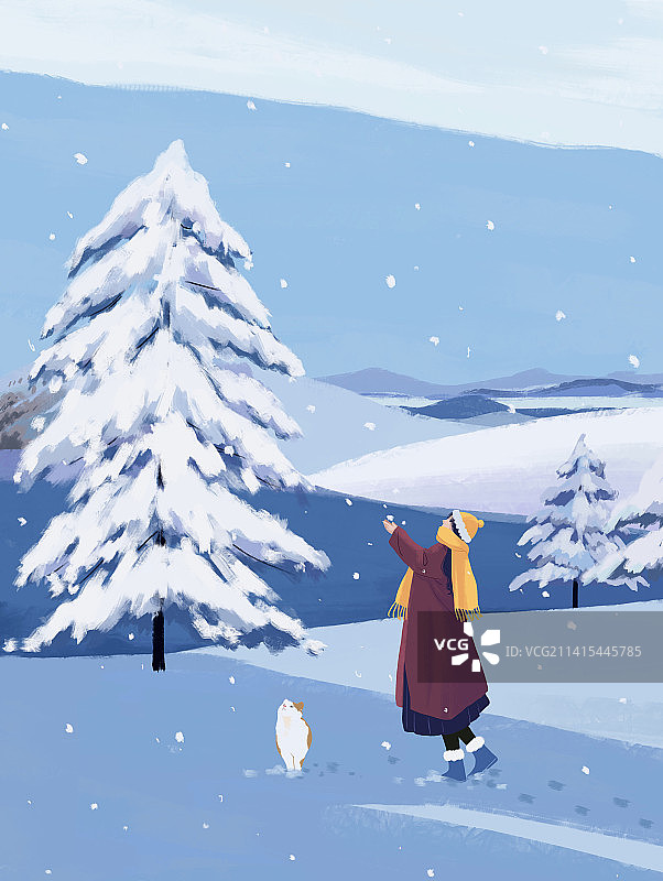 扁平插画一个女孩在寒冷的冬天雪地上和小猫玩耍图片素材
