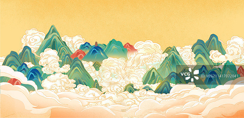 国潮风格中国传统文化建筑山水插画图片素材