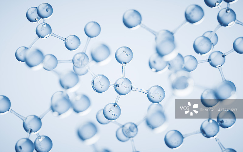 透明分子与蓝色背景3D渲染图片素材