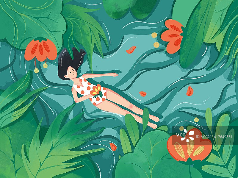 女孩在水面漂浮游泳夏天节气插画图片素材