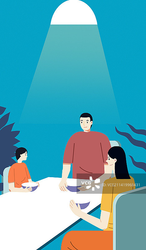 亲子互动家庭一家三口吃晚餐晚饭生活方式聊天沟通谈话插画图片素材
