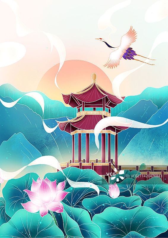 中式中国风家建筑亭台楼阁荷花池插画图片素材