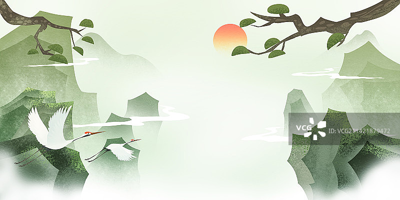 新中式梦幻水墨山水春天山中白鹤飞翔一片绿色风景插画图片素材