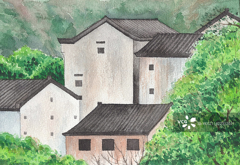 林间村落水彩手绘风景图片素材