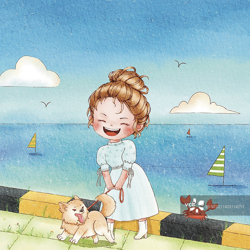 小女孩牵着小狗狗在海边游玩的小清新手绘水彩风格插画图片素材