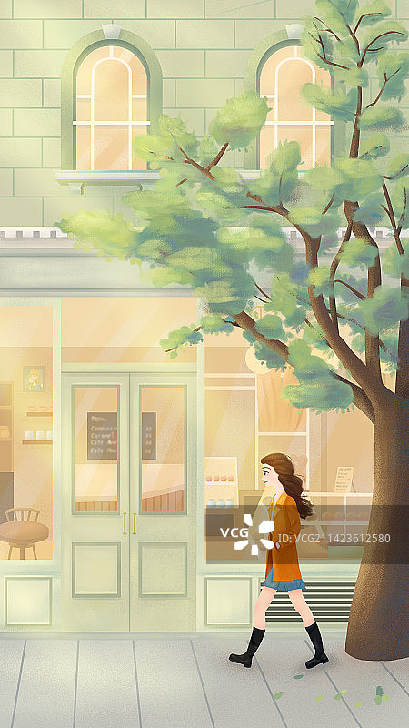 春天里，一个女生走在温馨的甜品店面前图片素材