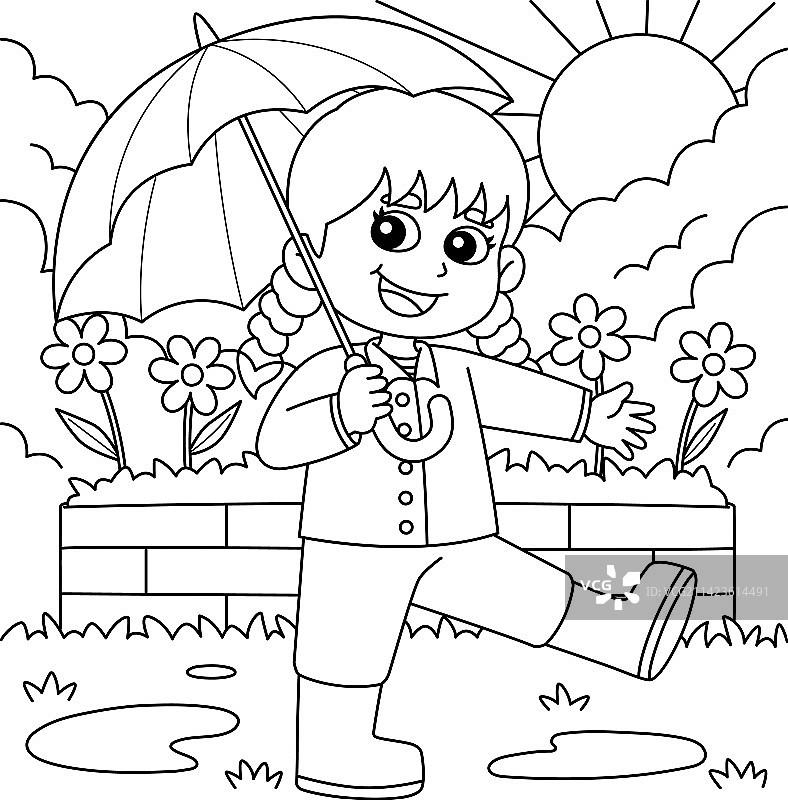 春姑娘举着伞涂色页图片素材
