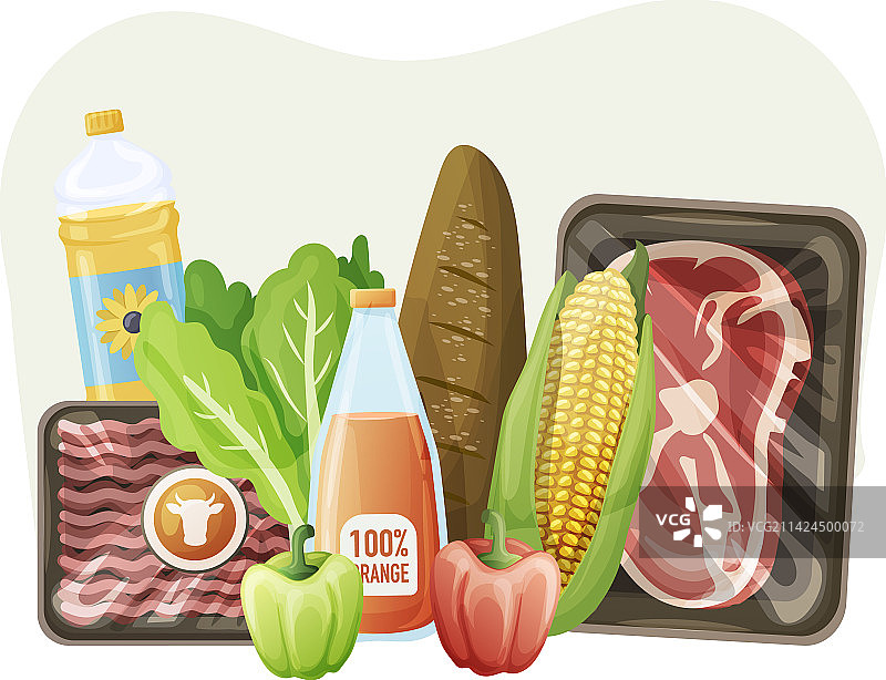 食品杂货产品，包括肉、面包、蔬菜图片素材