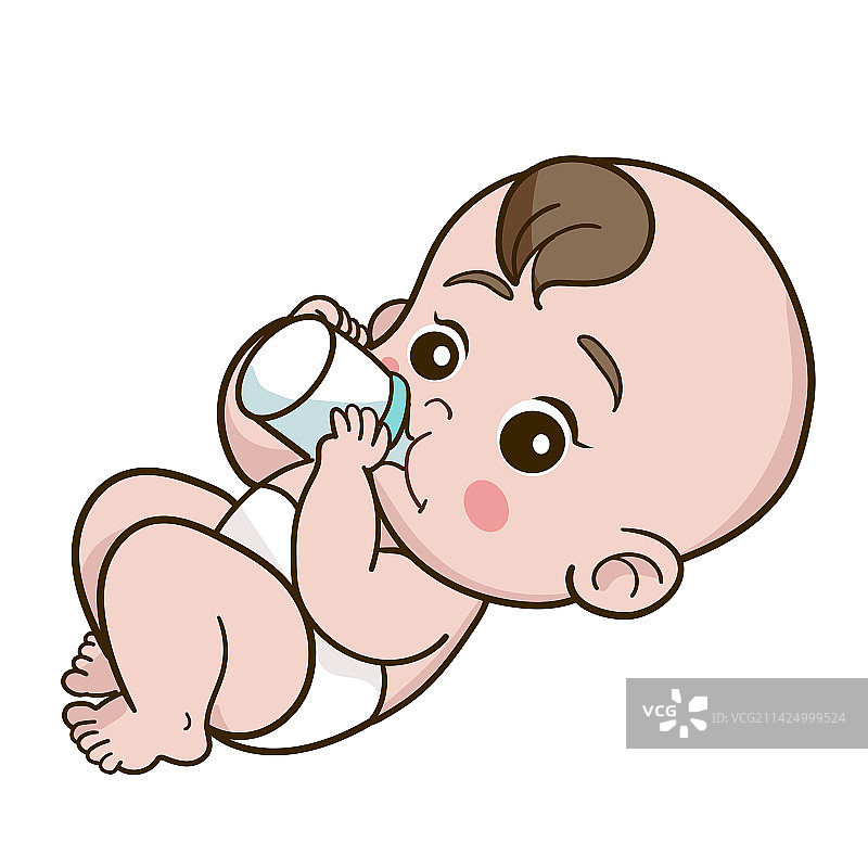 一个 躺着穿着尿不湿喝奶的婴儿图片素材