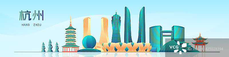 国风杭州城市地标建筑矢量插画海报图片素材