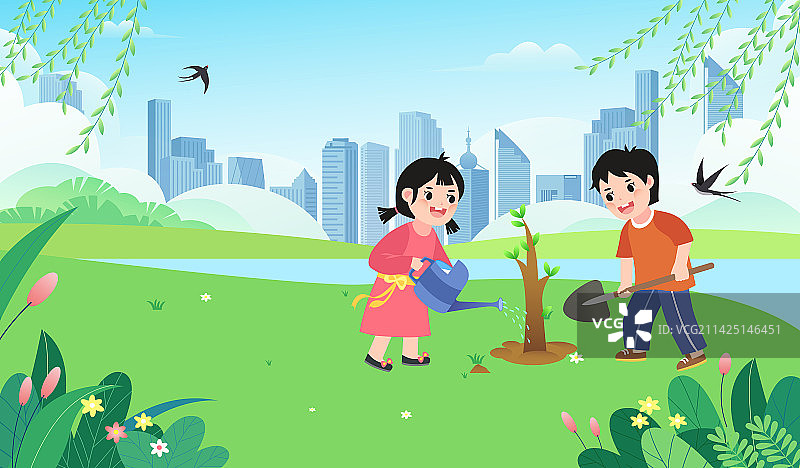 男孩女孩城市公园在种树浇水植树节插画图片素材